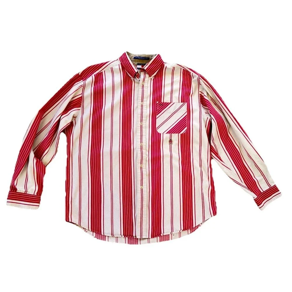 VTG Tommy Hilfiger Button Down Shirt Men's Lg Maroon Red‎ Tan Stripes Crest 90s